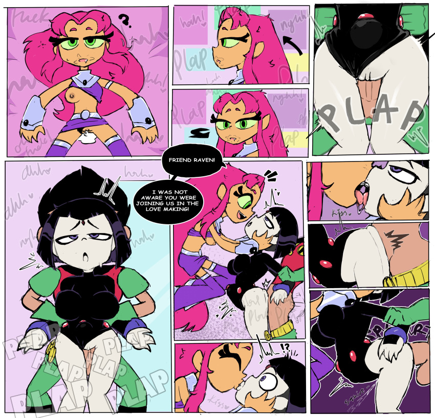 !? 1boy 2girls accurate_art_style arched_back baecohn big_breasts bisexual_female black_hair breasts cartoon_network closed_eyes clothed_sex comic dc dialogue dick_grayson dress_aside dubious_consent english_text female female_focus from_behind from_behind_position green_eyes grey_skin group_sex half-closed_eyes holding_arms kissing koriand'r lesbian_kiss light_skin male mask official_style older older_female pale_skin pink_hair plap purple_eyes rachel_roth raven_(dc) robin starfire surprised tan_body teen_titans teen_titans_go threesome waking_up young_adult young_adult_female young_adult_woman yuri