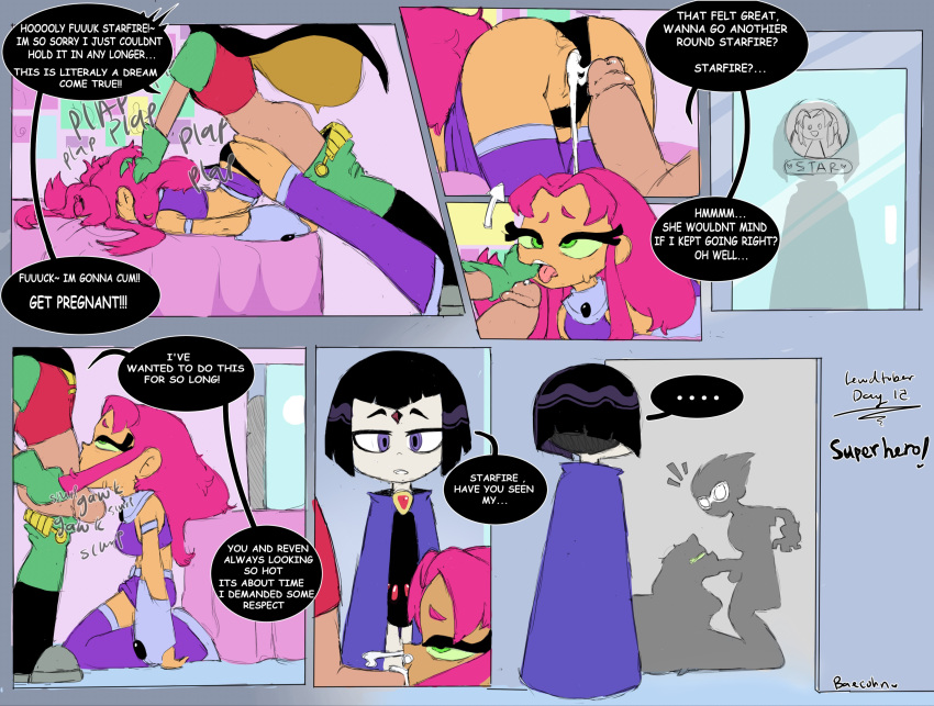 .... 1boy 2girls accurate_art_style baecohn balls bed big_balls black_hair cartoon_network caught caught_in_the_act clothed_sex comic dc dialogue dick_grayson doggy_position english_text face_down_ass_up face_fucking fellatio female female_focus female_penetrated finger_in_another's_mouth finger_in_mouth fucked_unconscious gloves green_eyes grey_skin hair_pull half-closed_eyes half-dressed hand_on_head interrupted koriand'r light_skin male mask medium_breasts official_style older older_female panties_aside passed_out pink_hair plap pulling_hair rachel_roth raven_(dc) robin side_view starfire straight tan_body teen_titans teen_titans_go text thumb_in_mouth young_adult young_adult_female young_adult_woman