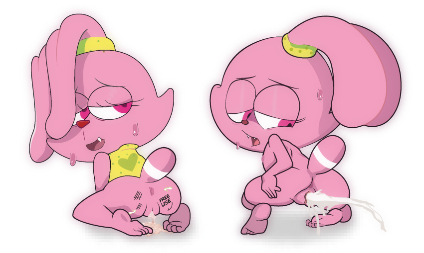 1girl anthro anus ass bodily_fluids body_writing bottomless cartoon_network chowder_(series) clothed clothing cum cum_drip cum_from_pussy cum_in_pussy cum_inside dripping fangs female flat_chested fur genital_fluids genitals goz-o half-closed_eyes high_res hybrid kneel lagomorph leaking_cum leporid looking_back mammal multiple_images narrowed_eyes nipples nude panini panini_(chowder) pink_body pink_eyes pink_fur pussy rabbit simple_background solo sweat tally_marks teeth western_tally_marks white_background young young_anthro