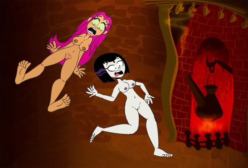 1girl 2025 2_girls alice_in_wonderland alien_girl black_hair breasts cartoon_network cndesmondharper crossover dc_comics disney edit falling feet female_only goth goth_girl green_eyes navel nipples older older_female orange_skin pink_hair purple_eyes pussy raven_(dc) scobionicle99 screaming starfire teen_titans white_skin young_adult young_adult_female young_adult_woman
