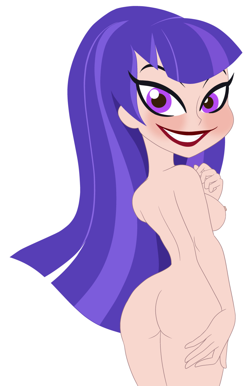 1girl ass breast cartoon_network cndhpr dc dc_super_hero_girls edit female grin light-skinned_female light_skin lipstick long_hair looking_at_viewer looking_back makeup nipple nude purple_eyes purple_hair red_lipstick sideboob solo superheroine third-party_edit transparent_background zatanna zee_zatara