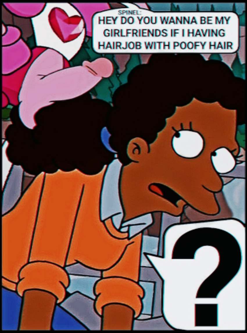 african african_female background background_character big_balls big_penis black_hair blue_hairband blue_jeans blue_shirt cartoon_network clothed crossover ears_up edit edited_screencap field frizzy_hair futanari hair_bun hairjob hd open_mouth orange_sweater penis_in_hair pink_gloves pink_hair pink_shorts pink_skin rubbing_penis scared_face shocked speech_bubble spinel_(steven_universe) steven_universe the_simpsons weird_crossover white_legwear wide_eyed wide_mouth