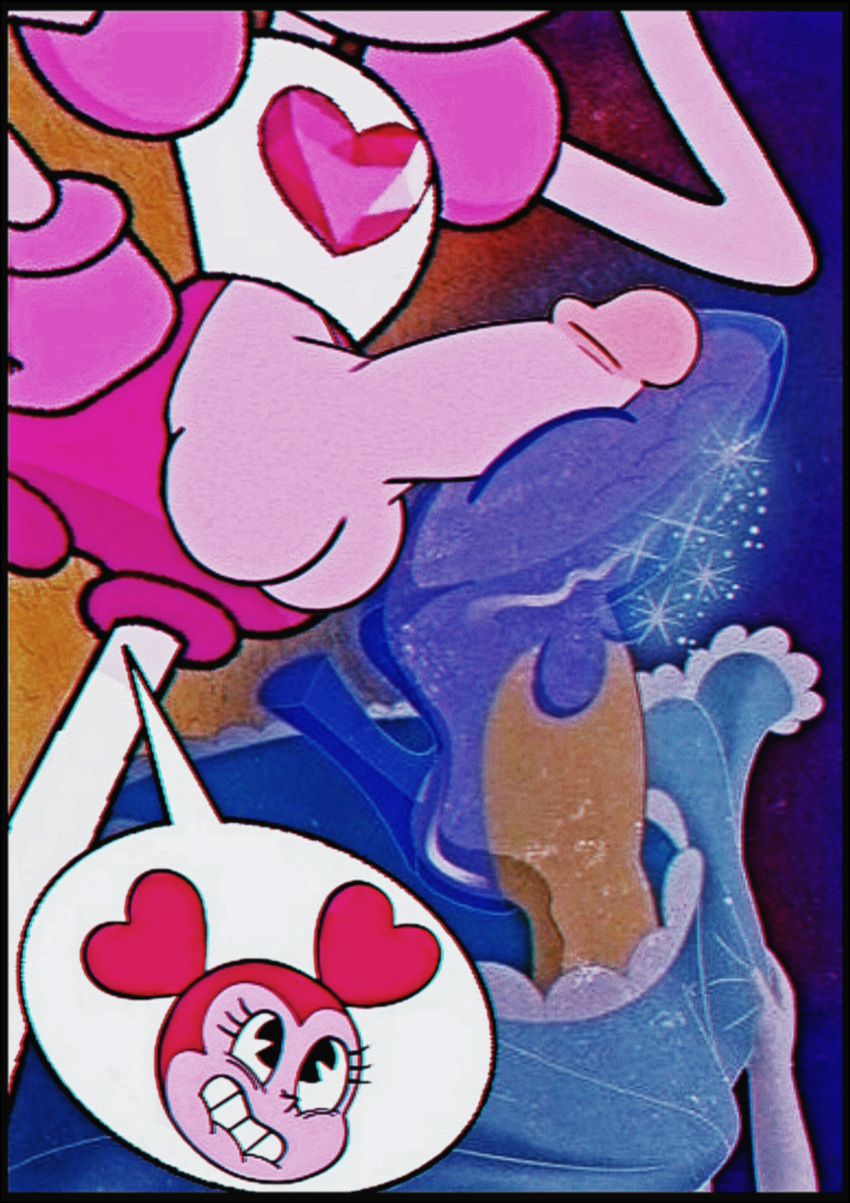ahegao_face background_character big_penis biting_lip blue_dress blue_shoes cartoon_network cinderella cinderella_(1950_film) crazy_eyes crazy_smile crossover edit edited_screencap erection_under_clothes feet footwear futanari glass_slipper groping groping_shoes legwear penis_in_shoes pink_gloves pink_shorts pink_skin shoejob shoes speech_bubble spinel_(steven_universe) steven_universe strange_backgrounds weird_crossover white_shirt